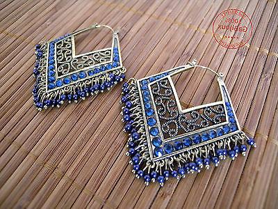 orecchini pendenti traforati dorati anticati strass blu