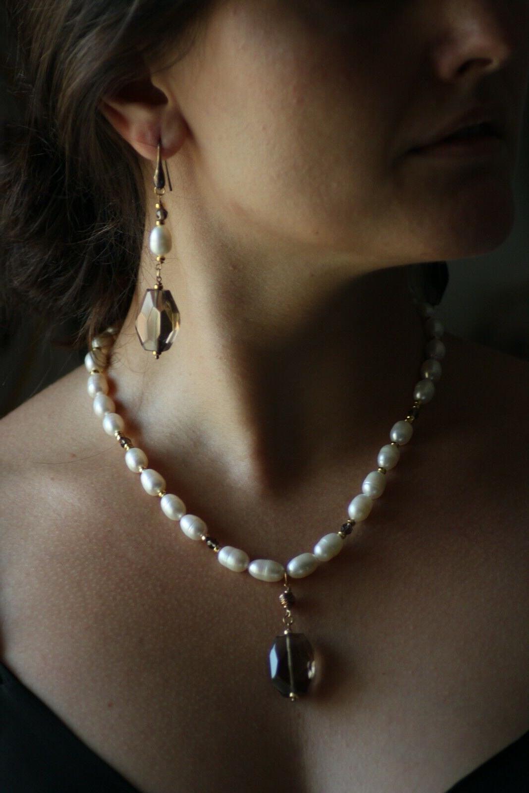 orecchini perle e quarzo fume