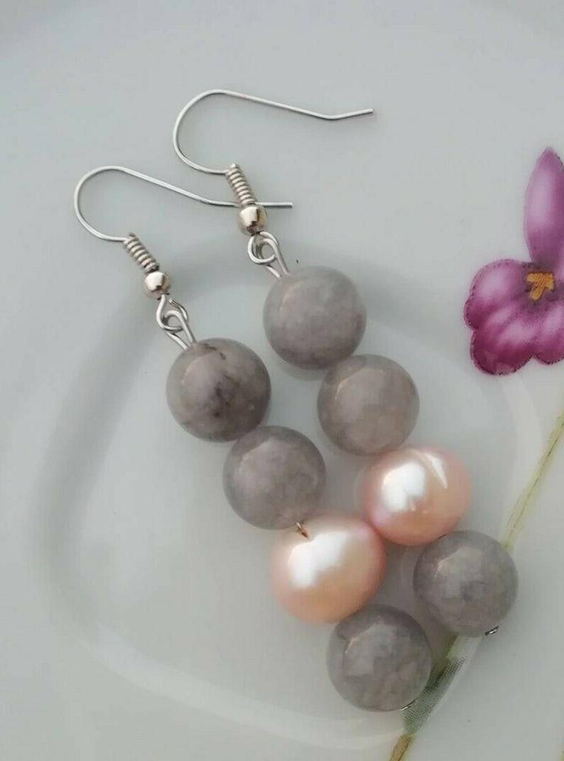 orecchini pietre dure quarzo grigio e perle