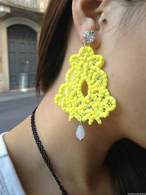 orecchini pizzo fluo giallo pendenti artigianali con