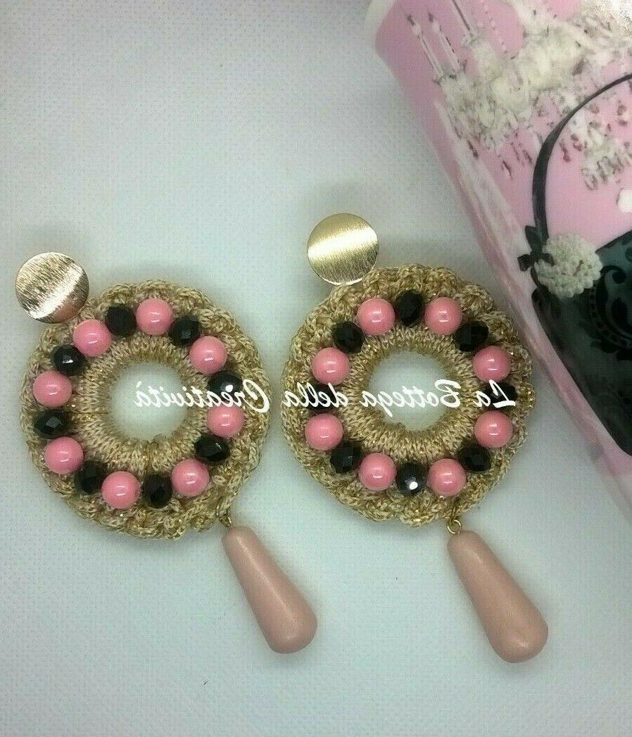 orecchini uncinetto e cristalli rosa nero oro