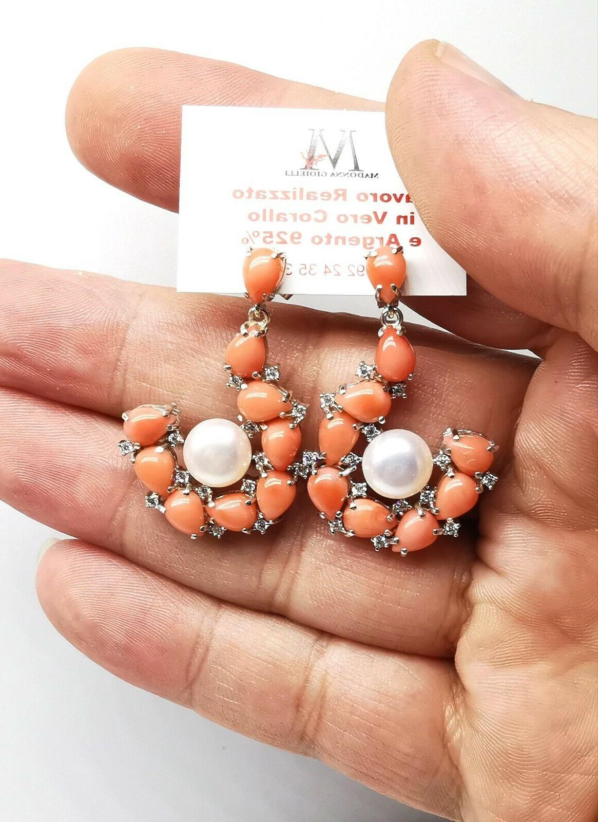 orecchini vintage di corallo rosa caboshon perle