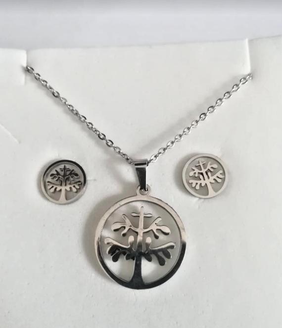parure in acciaio collana con orecchini albero