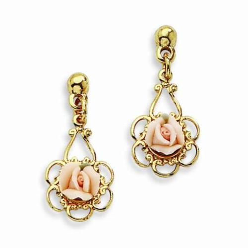 pink porcelain rose filigree dangle post earrings