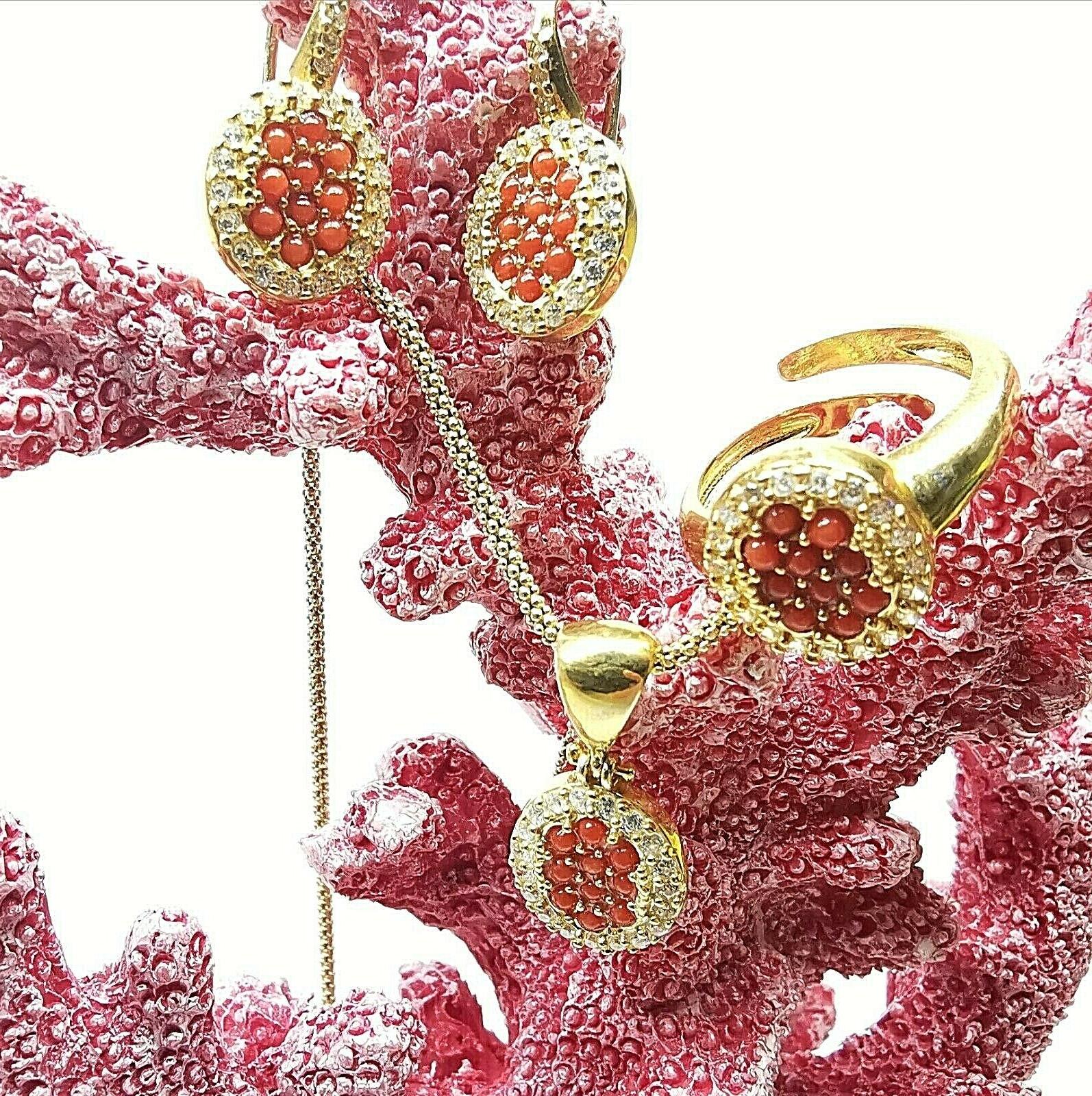 set gioielli corallo orecchini anello collana con