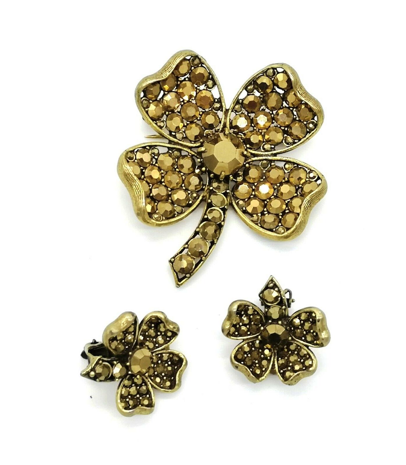 set vintage firmato spilla e orecchini quadrifoglio