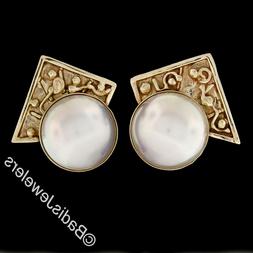 Massiccio 14K Oro Giallo Grande Lunetta Fatto Perle Dettagli