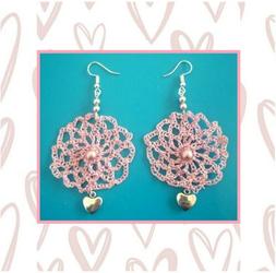 A Fiore Rosa Brillantinato, Uncinetto,pendente Cuore,analler