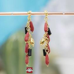 A Perno Di Argento 925 Placcato Oro Con Corallo Bamboo Rosso