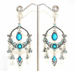 Argento Donna Pendenti Etnici Pietre Cristalli Azzurro Turch