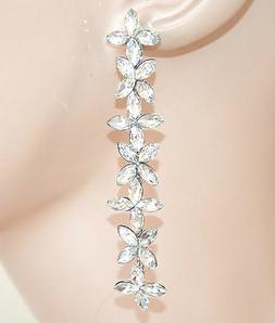 Argento Fiori Pendenti Lunghi Cristalli Strass Sposa Cerimon