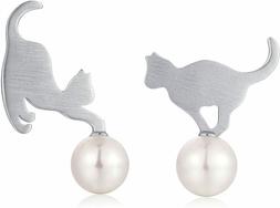 Con Perle D'acqua Dolce Orecchini Gatto Argento B: Gatto