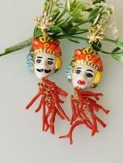 Con Teste Di Moro  In Ceramica Di Caltagirone, Argento 925 E