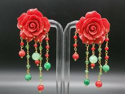 Da Donna Grandi Pendenti Corallo Rosso Agata Verde Fatti In 