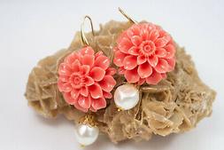 Dalie Corallo Rosa Pasta, Perle, Ottone Pink Dahlia Earrings