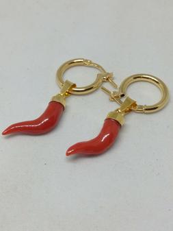 Donna Argento Cerchi Corno Corallo Rosso Naturale Scaramanti