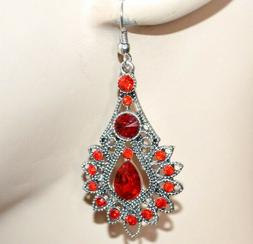 Donna Argento Strass Rossi Etnici Pendenti Cristalli Earring