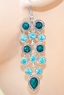 Donna Argento Verde Azzurro Etnici Strass Pietre Pendenti Re