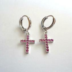 Donna Cerchi Colore Argento  Croce Pendente Con Rubini Rossi