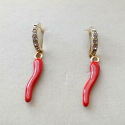 Donna Cerchi Colore Oro Corno Rosso Pendente Zirconi - 39 Ee