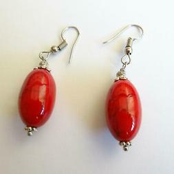 Donna  Colore Argento Con Goccia Di Corallo Rosso Pendente 1