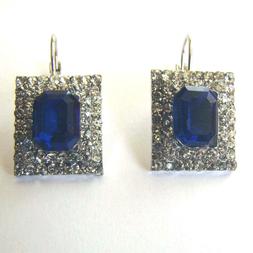 Donna Colore Argento Grande Zaffiro Blu E Cristalli Bianchi 