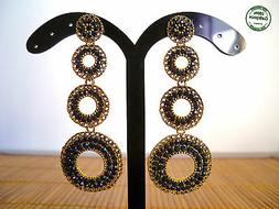 Donna Lunghi Cerchi Tondi Dorati Strass Neri Eleganti Stile 