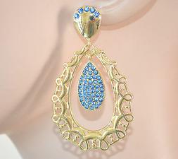 Donna Oro Dorati Pendenti Strass Azzurri Brillantini Cristal