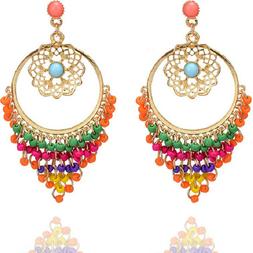 Donna Pendenti Grandi Lunghi Oro Pendenti Perline Multicolor