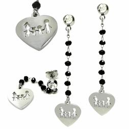 Donna Pendenti Neri Con Cuore Cristalli Da Strass Acciaio In