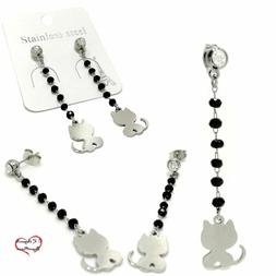 Donna Pendenti Neri Con Gatto Cristalli Da Strass Acciaio In