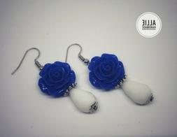 Donna Pendenti Rose Blu E Cristalli Bianchi Goccia