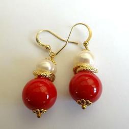 Donna Retr&ograve; Colore Oro Con  Perla Bianca E Corallo Rosso - 