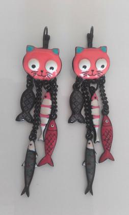 Gatto E Pesci Colorati In Acciaio Rivestito,hand Made,new Mo