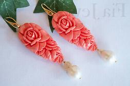 Gocce Con Rose In Corallo Rosa E Grandi Perle Earrings Coral