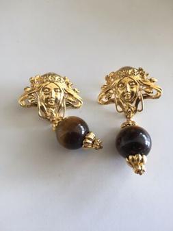 Goldtone Art Nouveau Style Occhio Di Tigre Earrings