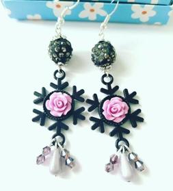 Hand Made Nero Fimo Lavanda Unico Cristallo Vetro Fiocco Di 