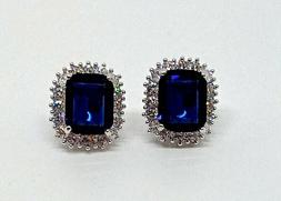 In Argento 925 Kate Rettangolari Blu 12x14 Mm E Giro Zirconi