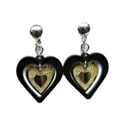 In Argento 925 Pendente Doppio Cuore Dorato E Nero