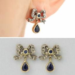 In Oro Giallo 14 Kt Con Zaffiro Blu E Diamanti Pendenti Stil