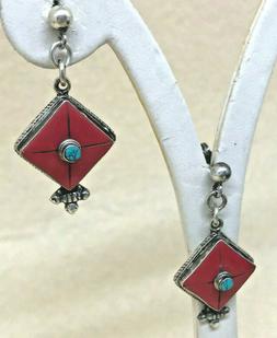 Nepalesi Quadrati In Argento 925 Con Corallo E Turchese Tibe