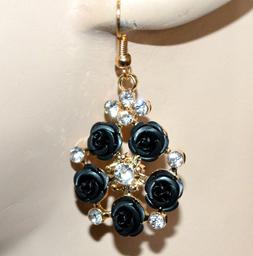 Oro Strass Fiori Neri Donna Pendenti Roselline Ragazza Brill