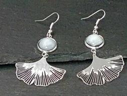 Pendenti Argento Gancio Ginkgo Foglia Con Bianco Cabochon