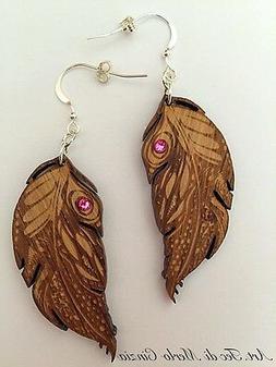 Pendenti Artigianali Donna Piuma In Legno Con Perle Swarovsk