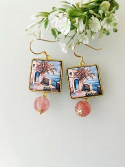 Pendenti Ceramica  Caltagirone , Pietre Quarzo Rosa E Argent