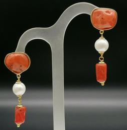 Pendenti Da Donna Vero Corallo Rosso Perle Argento Gioiello 