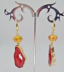 Pendenti Donna Dorati Resina Effetto Minerale Pietra Rossa E