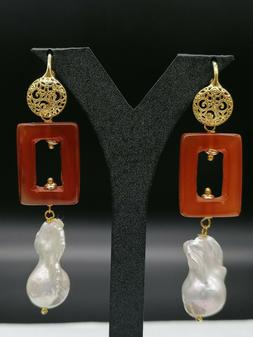 Pendenti Lunghi Perla Corniola Argento 925 Gioiello Italiano