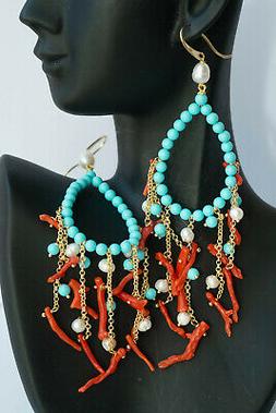 Pendenti Pasta Di Turchese, Perle Naturali E Corallo Vero, A