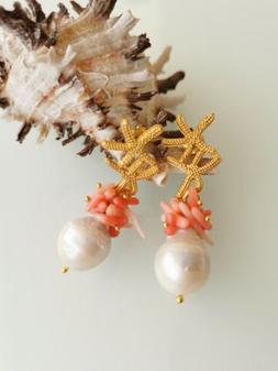 Pendenti Perle Barocche Bianche , Corallo Rosa E  Stelle Mar